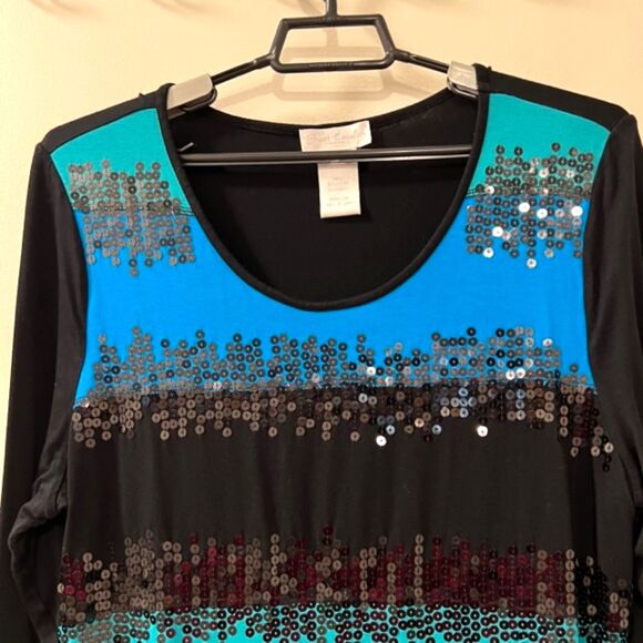 Great Cavalier Blue Black Sequined Scoop Neck Long Sleeve Viscose Spandex Top XL - Picture 5 of 12